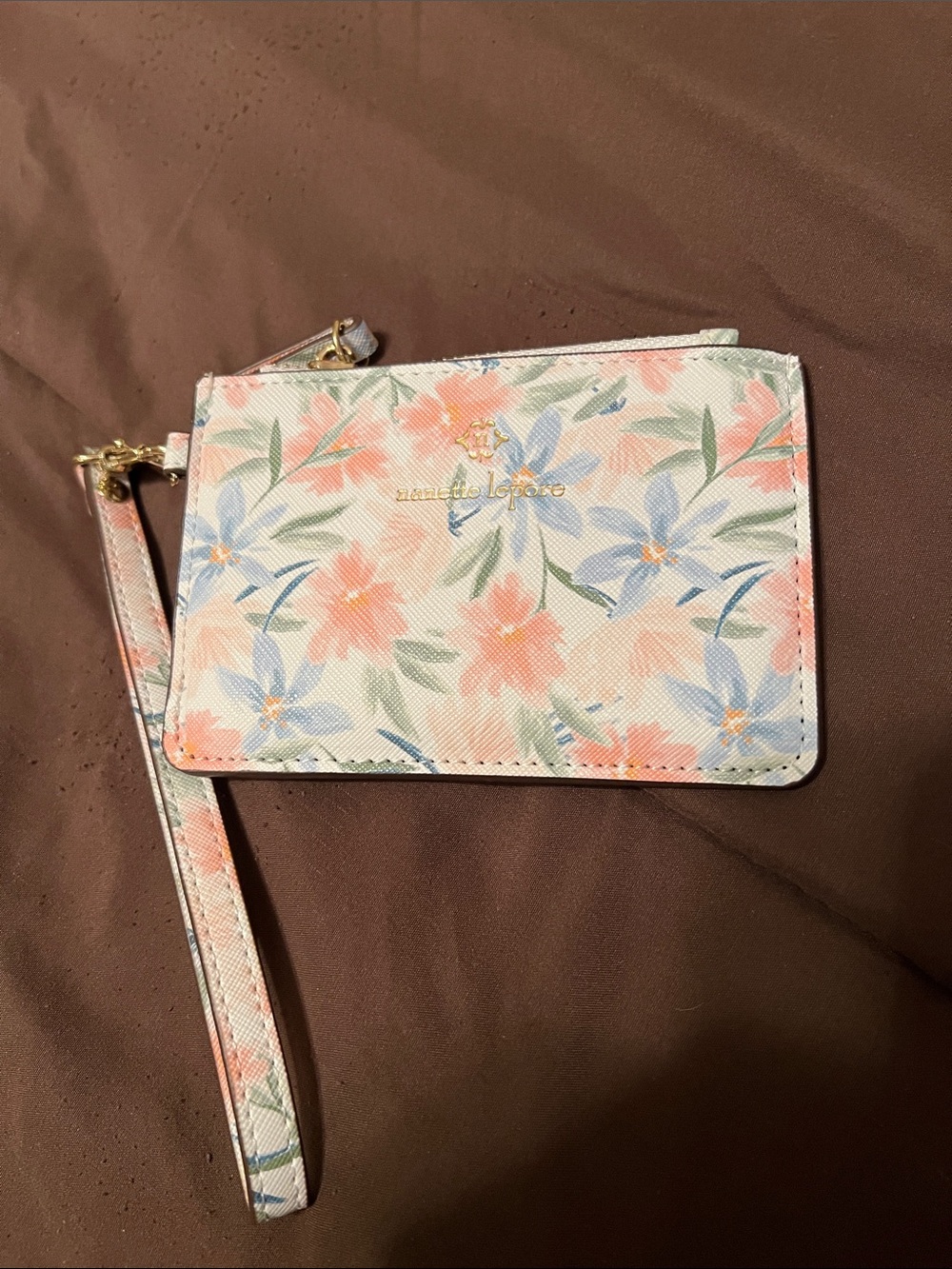 Nanette Lepore floral wristlet pouch in pastel peach, blue & green